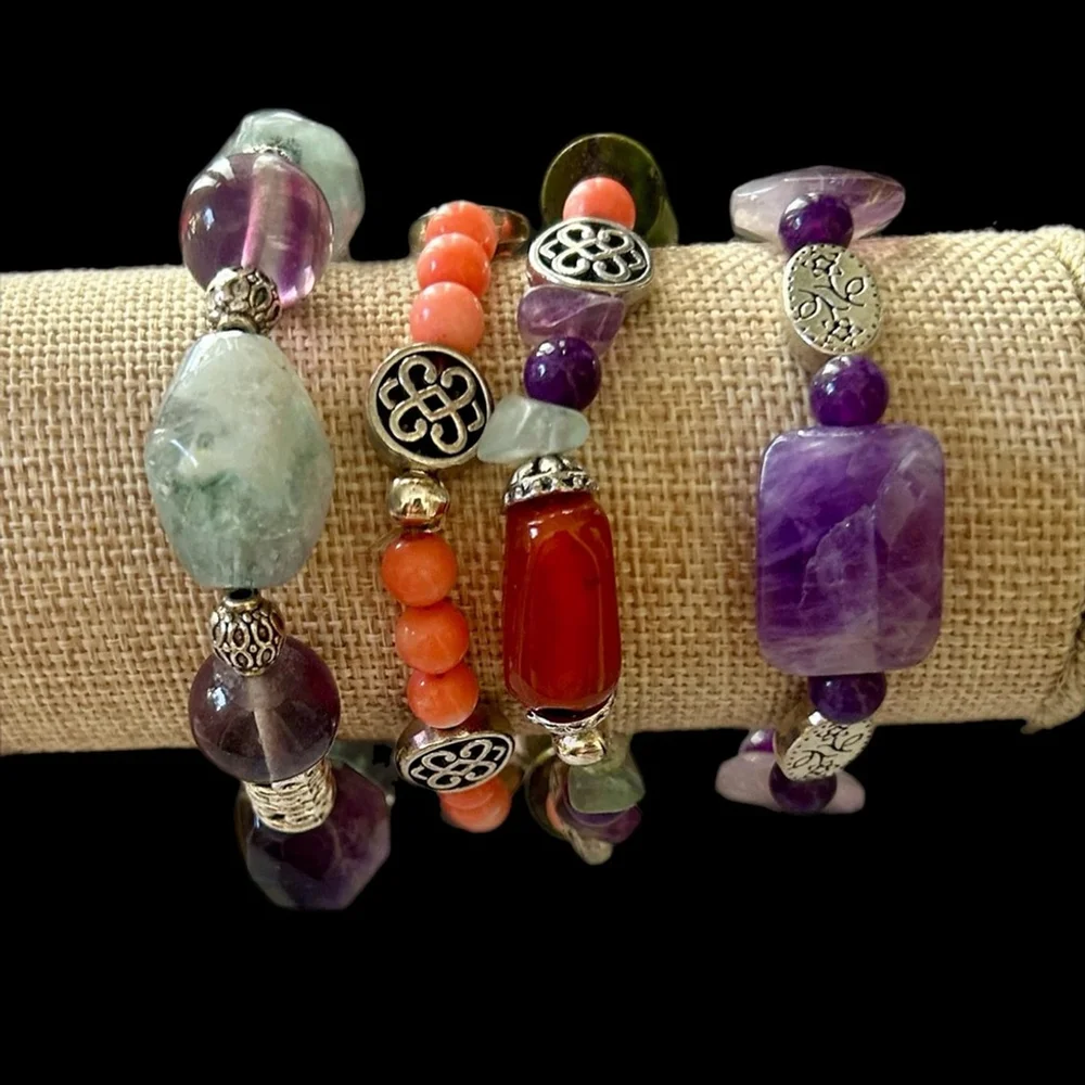 Boho Gemstone Crystal Bracelet Stack Set of 4 Amethyst Fluorite Silver Artisan - Picture 7 of 7